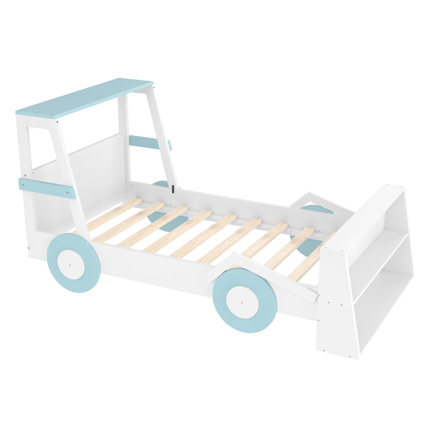Twin Size Car Bed with Storage - Blue White Kids Bed Frame