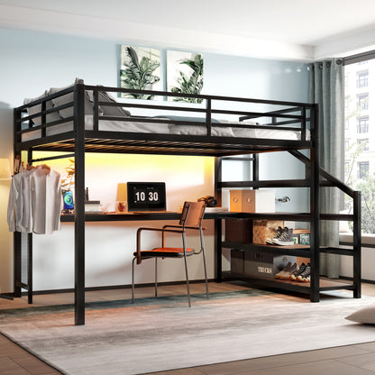 Queen Loft Bed with Desk & Storage - Black Metal Frame for Bedroom
