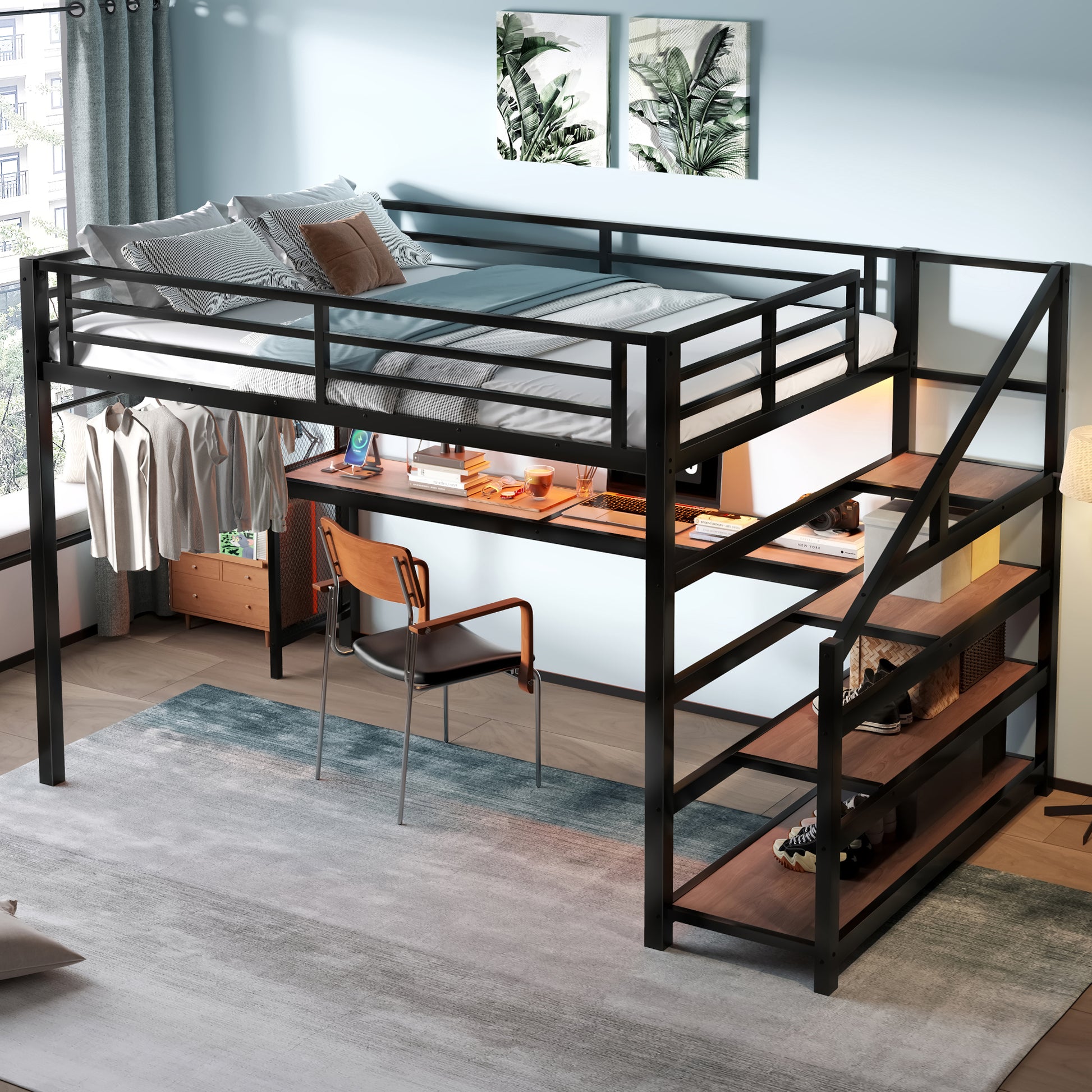 Queen Loft Bed with Desk & Storage - Black Metal Frame for Bedroom