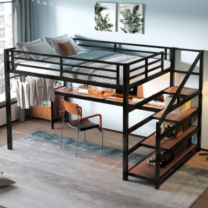Queen Loft Bed with Desk & Storage - Black Metal Frame for Bedroom