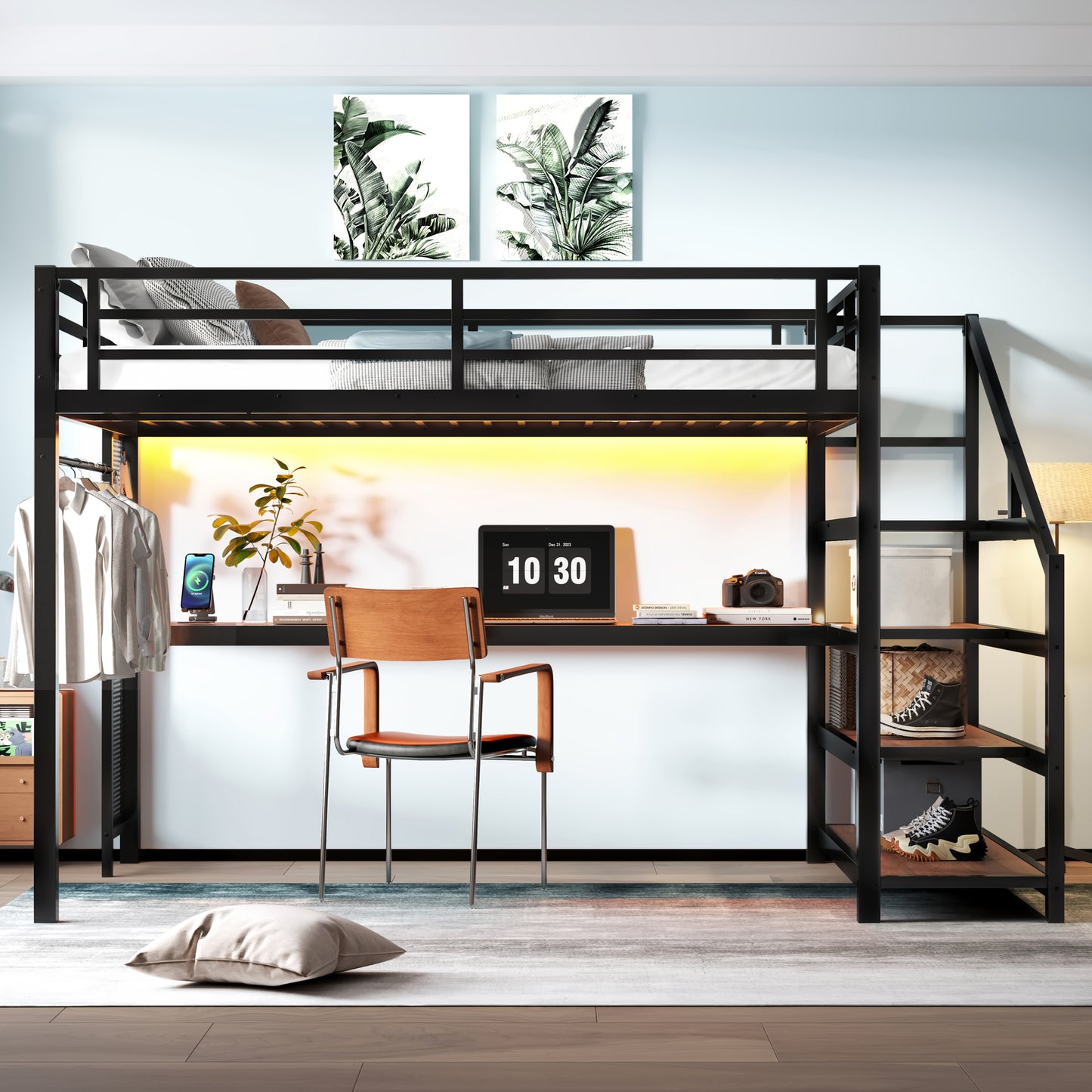 Queen Loft Bed with Desk & Storage - Black Metal Frame for Bedroom