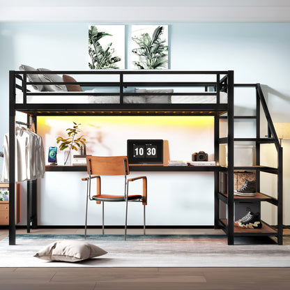 Queen Loft Bed with Desk & Storage - Black Metal Frame for Bedroom
