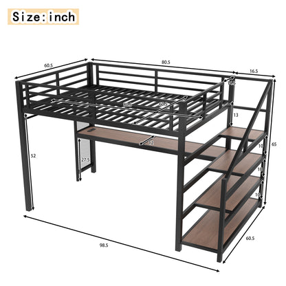 Queen Loft Bed with Desk & Storage - Black Metal Frame for Bedroom
