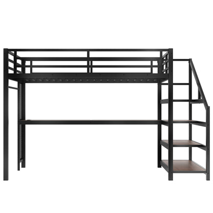 Queen Loft Bed with Desk & Storage - Black Metal Frame for Bedroom