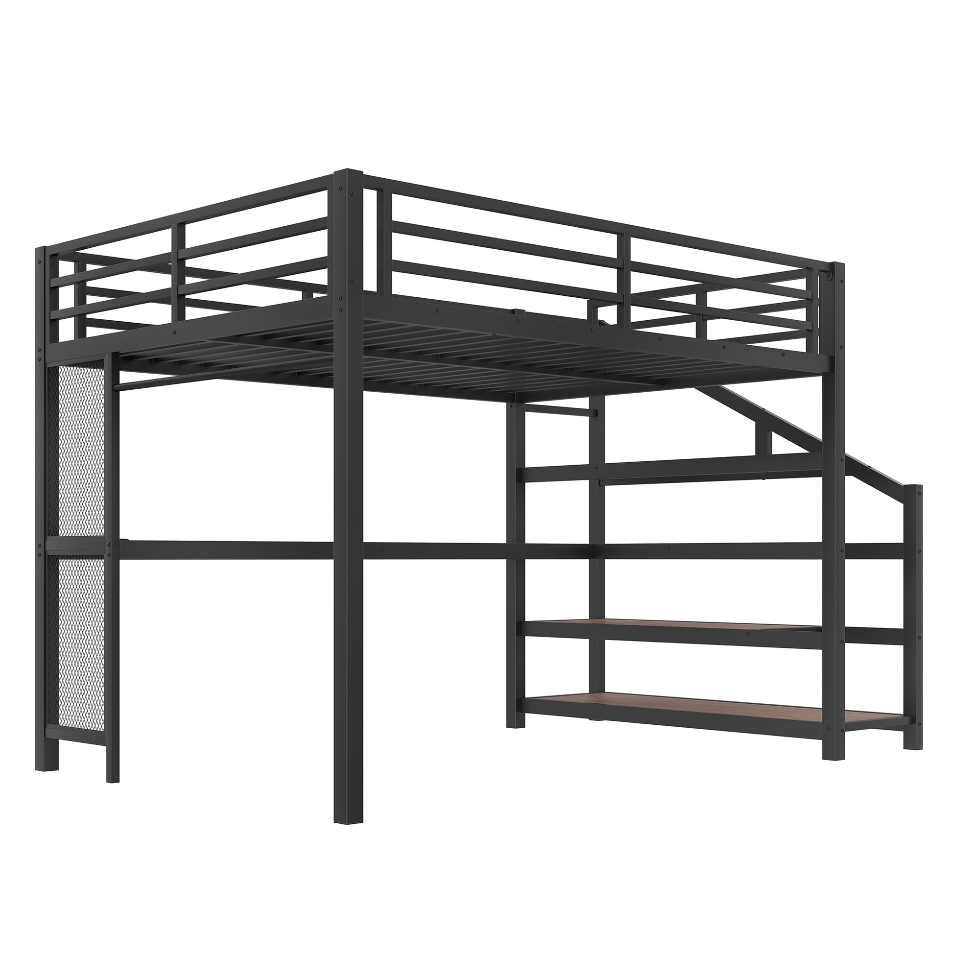 Queen Loft Bed with Desk & Storage - Black Metal Frame for Bedroom
