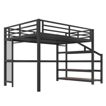 Queen Loft Bed with Desk & Storage - Black Metal Frame for Bedroom