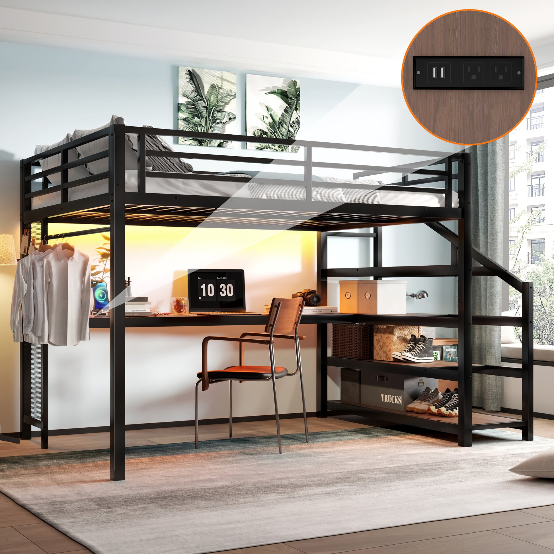 Queen Loft Bed with Desk and Storage Stairs, Metal Loft Beds with LED Lights, USB Ports, Multifunctional Iron Nets, No Spring Box Needed and Noise-free, Black