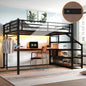 Queen Loft Bed with Desk and Storage Stairs, Metal Loft Beds with LED Lights, USB Ports, Multifunctional Iron Nets, No Spring Box Needed and Noise-free, Black