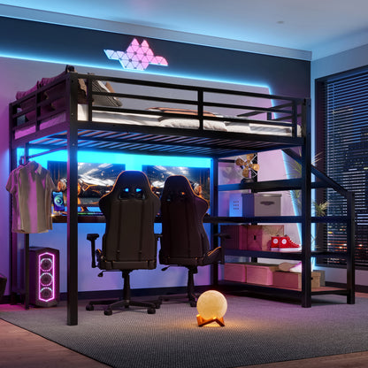 Full Loft Bed with Desk & Storage - Black | Multifunctional Metal Bed