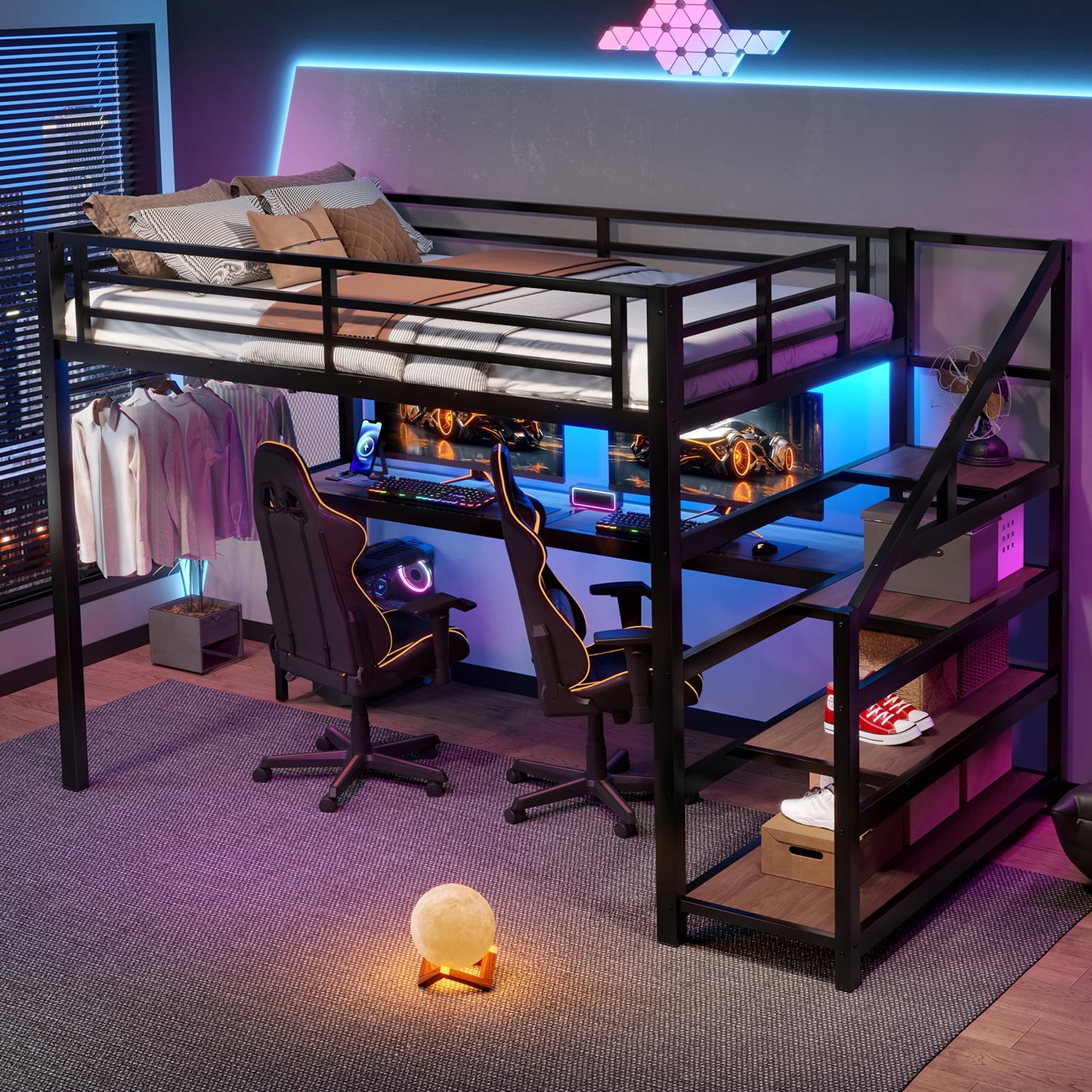Full Loft Bed with Desk & Storage - Black | Multifunctional Metal Bed