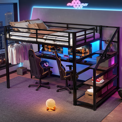 Full Loft Bed with Desk & Storage - Black | Multifunctional Metal Bed