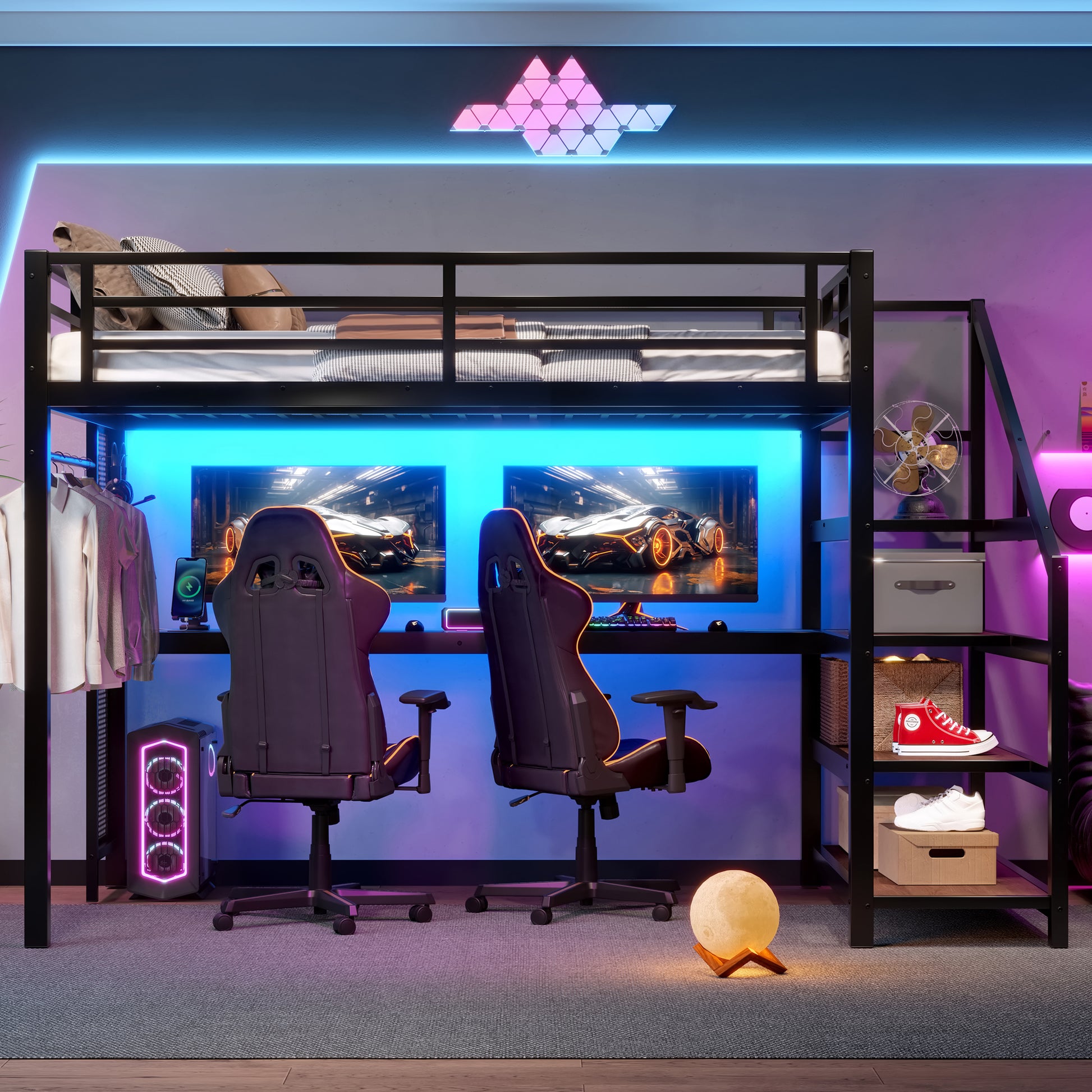 Full Loft Bed with Desk & Storage - Black | Multifunctional Metal Bed