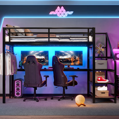 Full Loft Bed with Desk & Storage - Black | Multifunctional Metal Bed