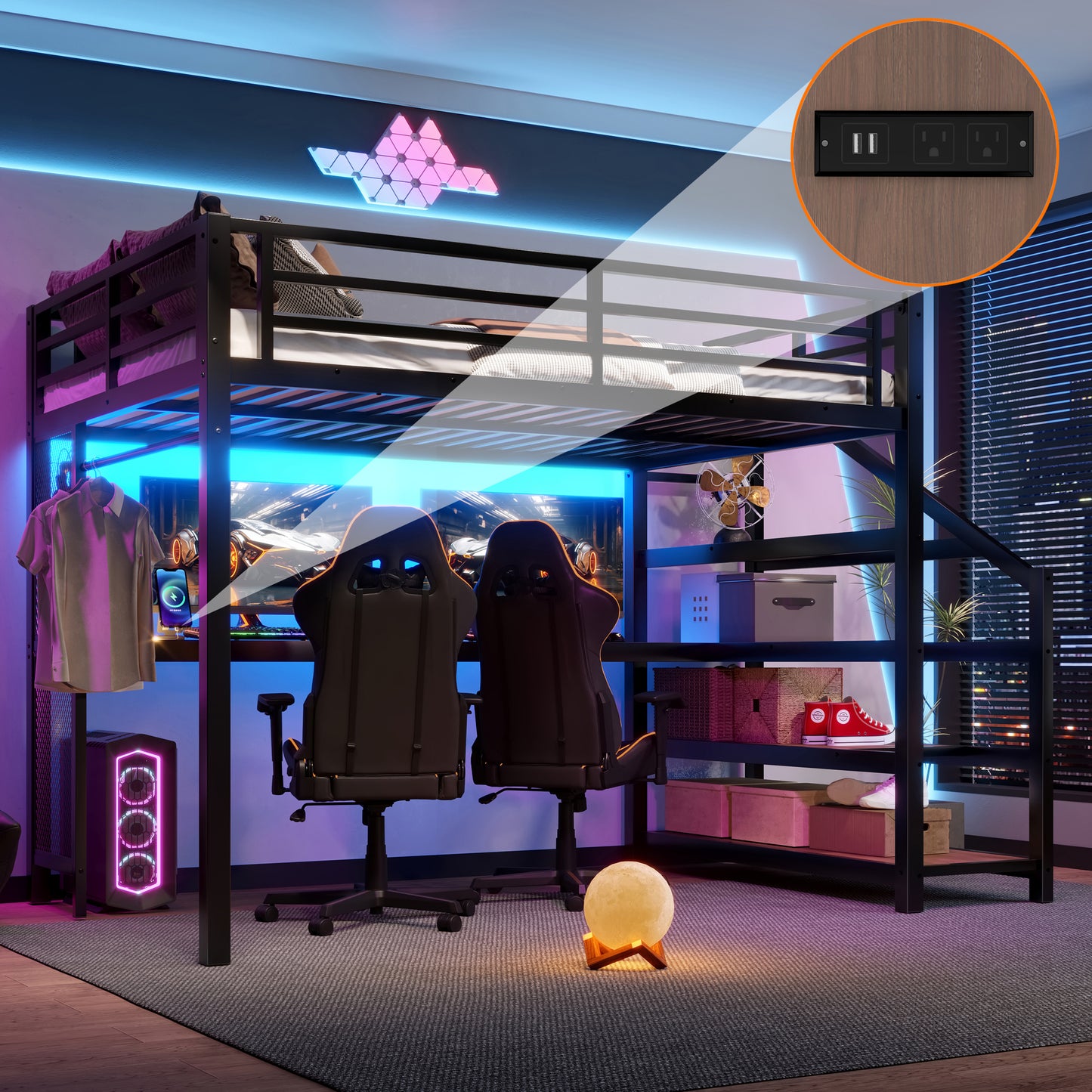 Full Loft Bed with Desk and Storage Stairs, Metal Loft Beds with LED Lights, USB Ports, Multifunctional Iron Nets, No Spring Box Needed and Noise-free, Black