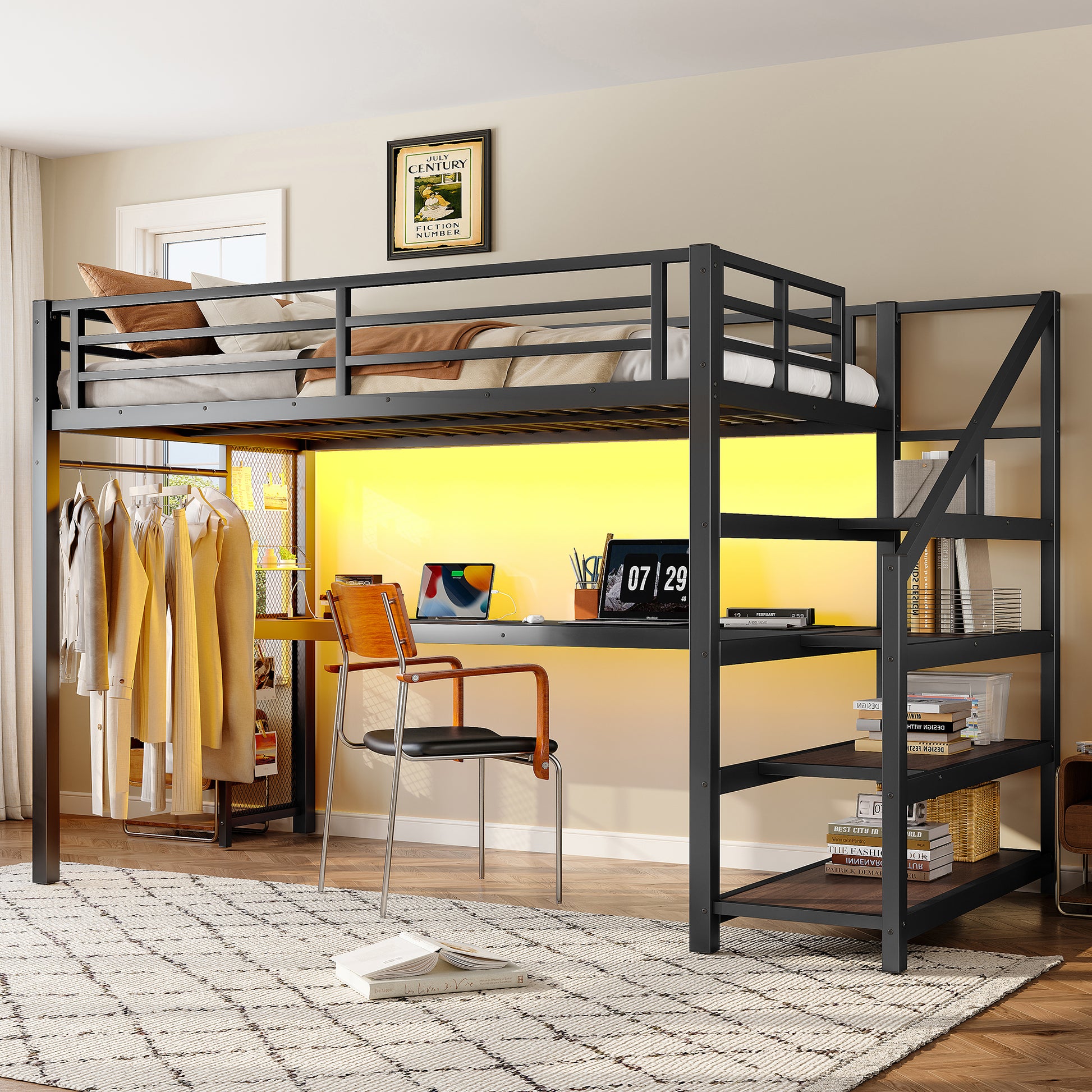 Twin XL Loft Bed with Desk - Black MDF Metal Frame