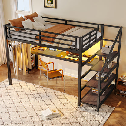 Twin XL Loft Bed with Desk - Black MDF Metal Frame