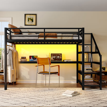 Twin XL Loft Bed with Desk - Black MDF Metal Frame