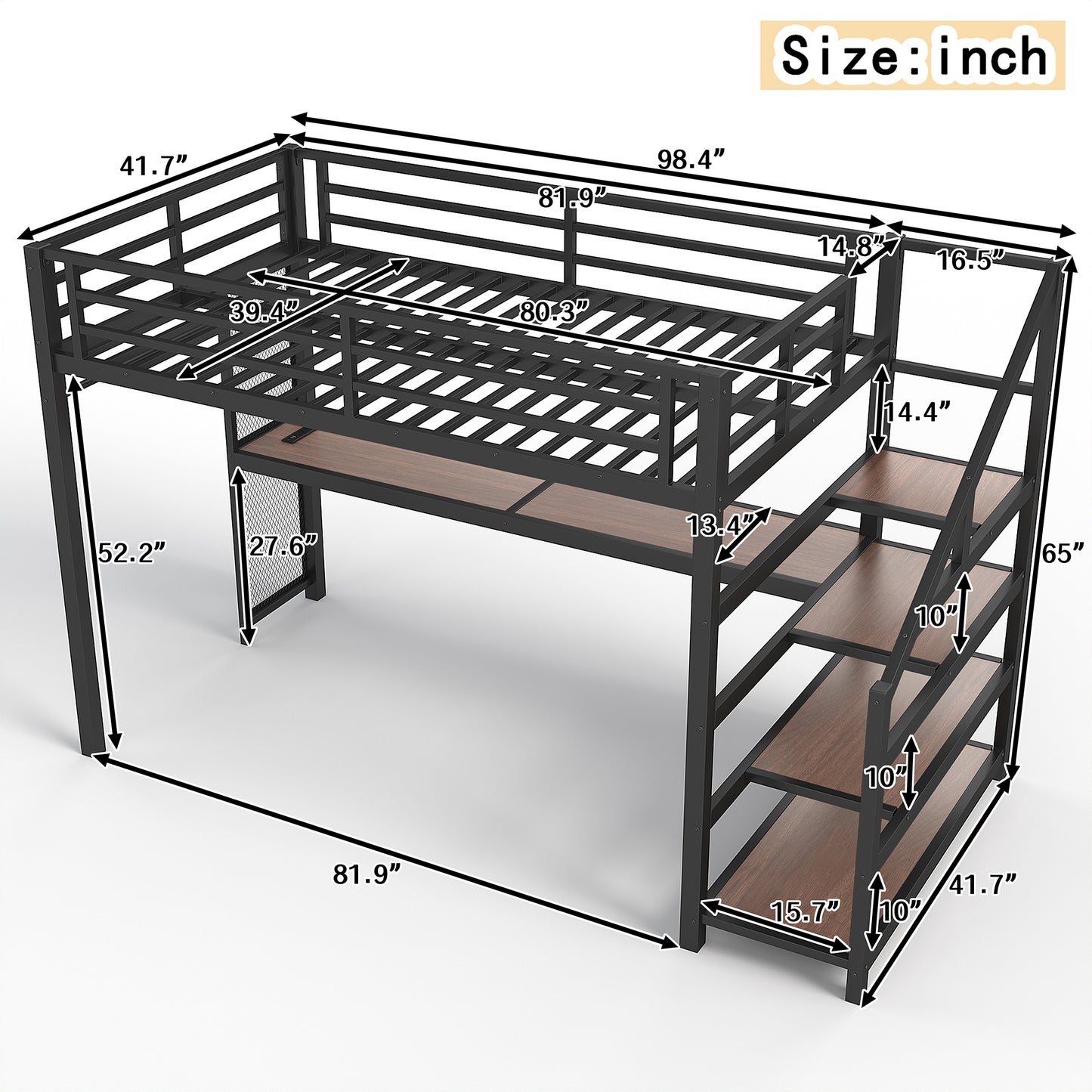 Twin XL Loft Bed with Desk - Black MDF Metal Frame