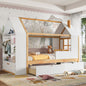 Twin Size House Platform Bed with Drawers, Solid Wood House Bed with Shelves, Childlike Design, White & Natural