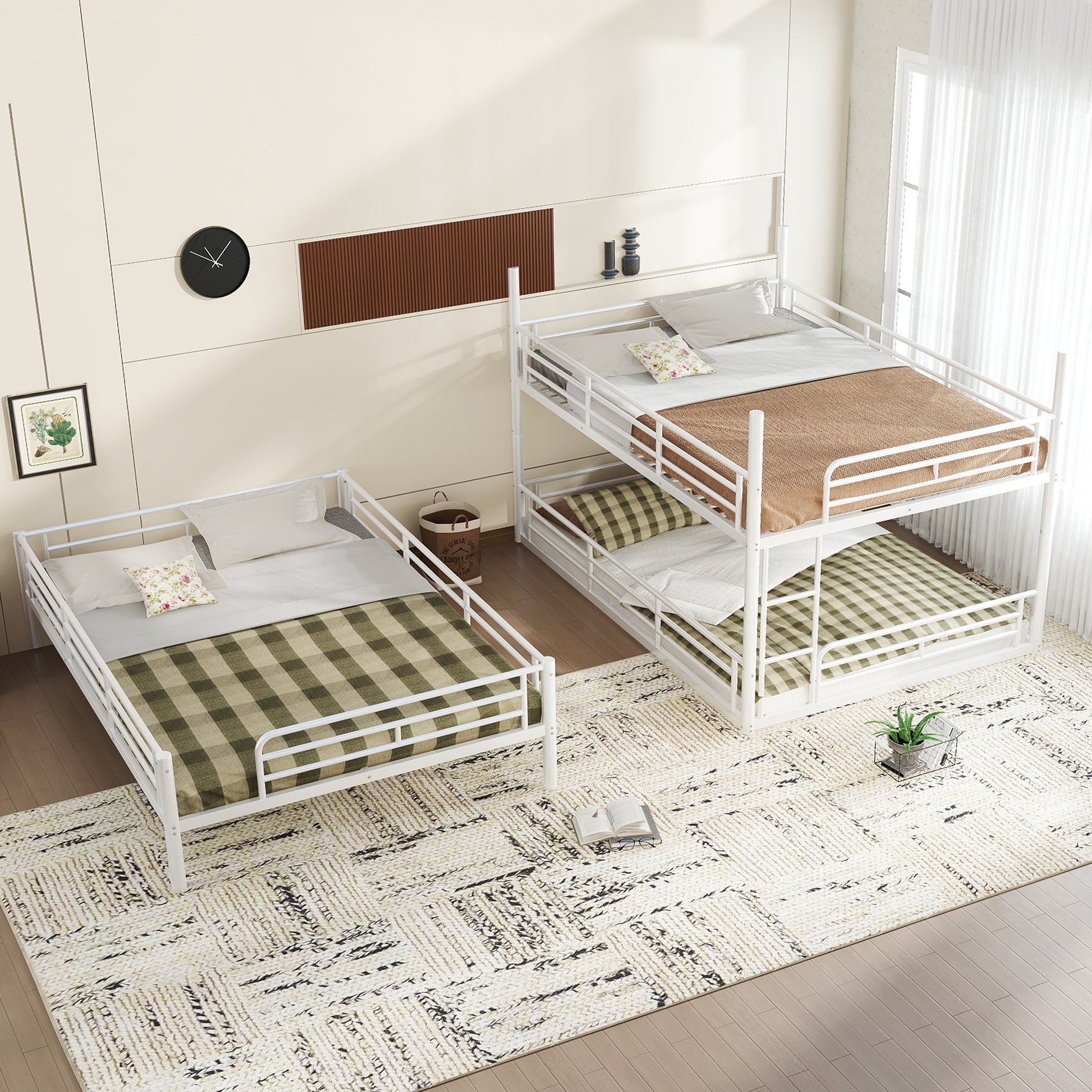 Bedroom Queen Over Queen Over Queen Bunk Bed - Metal Triple Bunk with Guardrails,