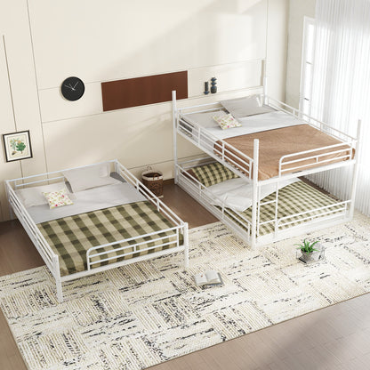 Bedroom Queen Over Queen Over Queen Bunk Bed - Metal Triple Bunk with Guardrails,