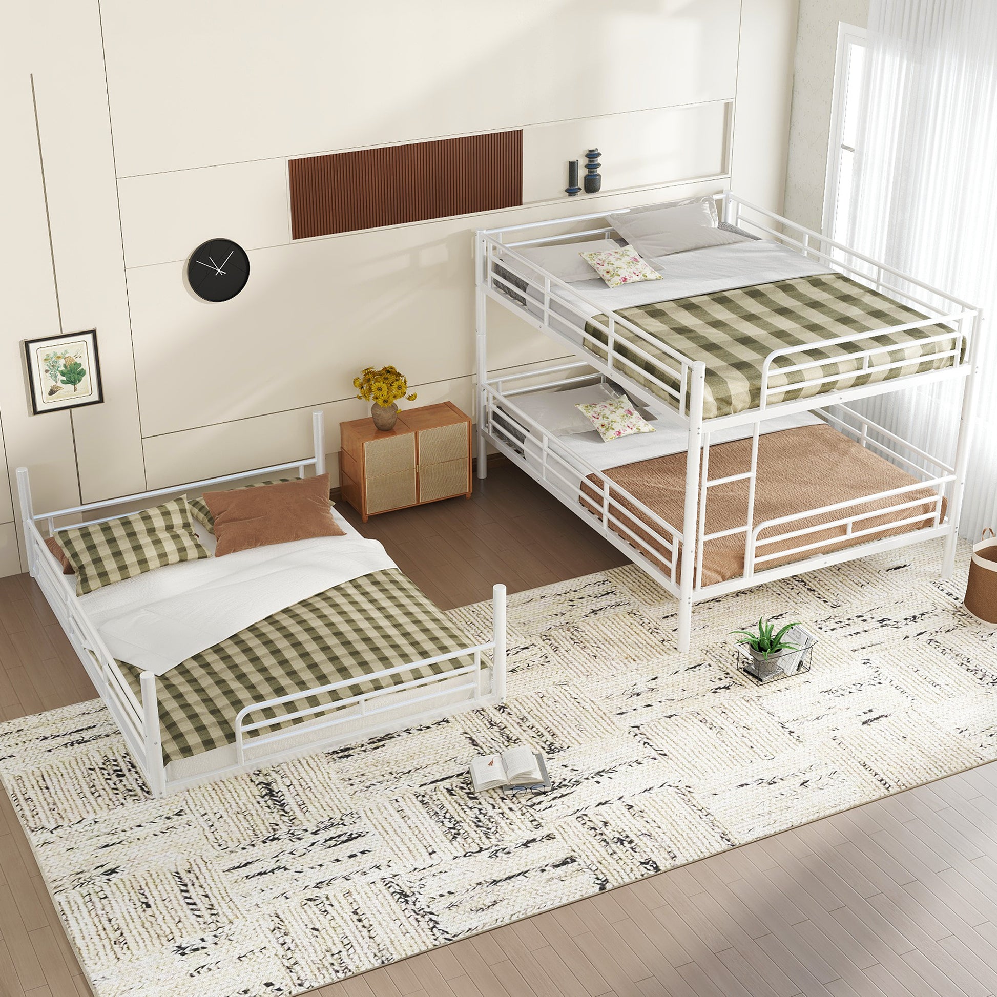 Bedroom Queen Over Queen Over Queen Bunk Bed - Metal Triple Bunk with Guardrails,