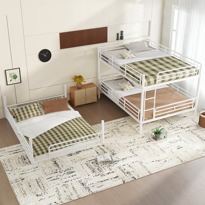 Bedroom Queen Over Queen Over Queen Bunk Bed - Metal Triple Bunk with Guardrails,