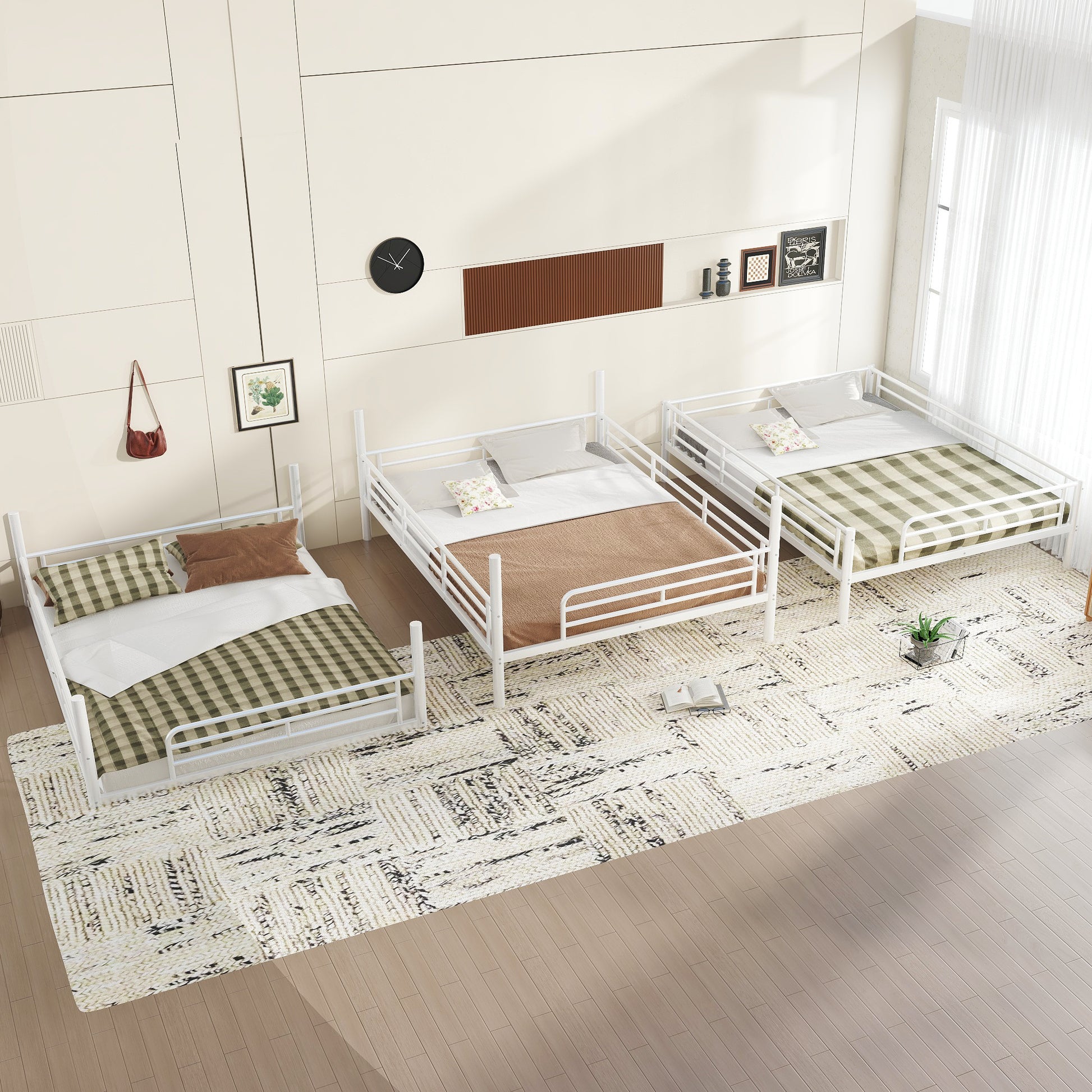 Bedroom Queen Over Queen Over Queen Bunk Bed - Metal Triple Bunk with Guardrails,