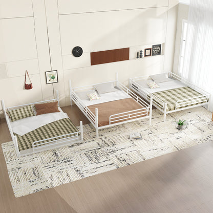 Bedroom Queen Over Queen Over Queen Bunk Bed - Metal Triple Bunk with Guardrails,