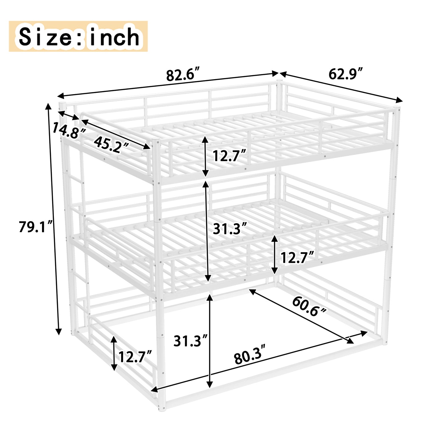Bedroom Queen Over Queen Over Queen Bunk Bed - Metal Triple Bunk with Guardrails,