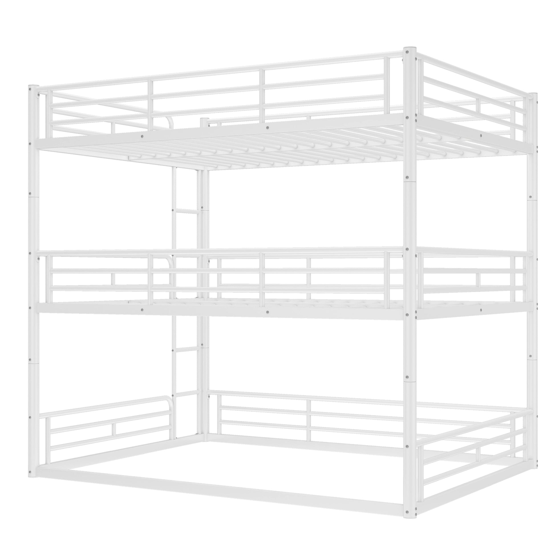 Bedroom Queen Over Queen Over Queen Bunk Bed - Metal Triple Bunk with Guardrails,