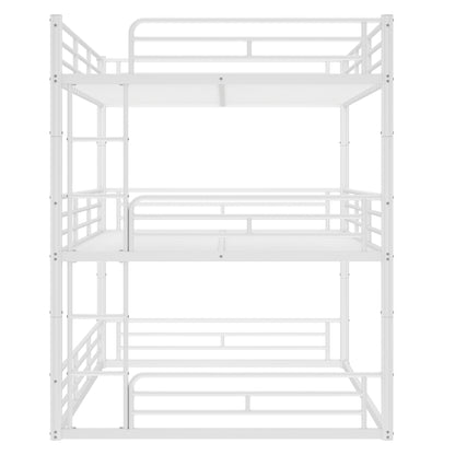 Bedroom Queen Over Queen Over Queen Bunk Bed - Metal Triple Bunk with Guardrails,