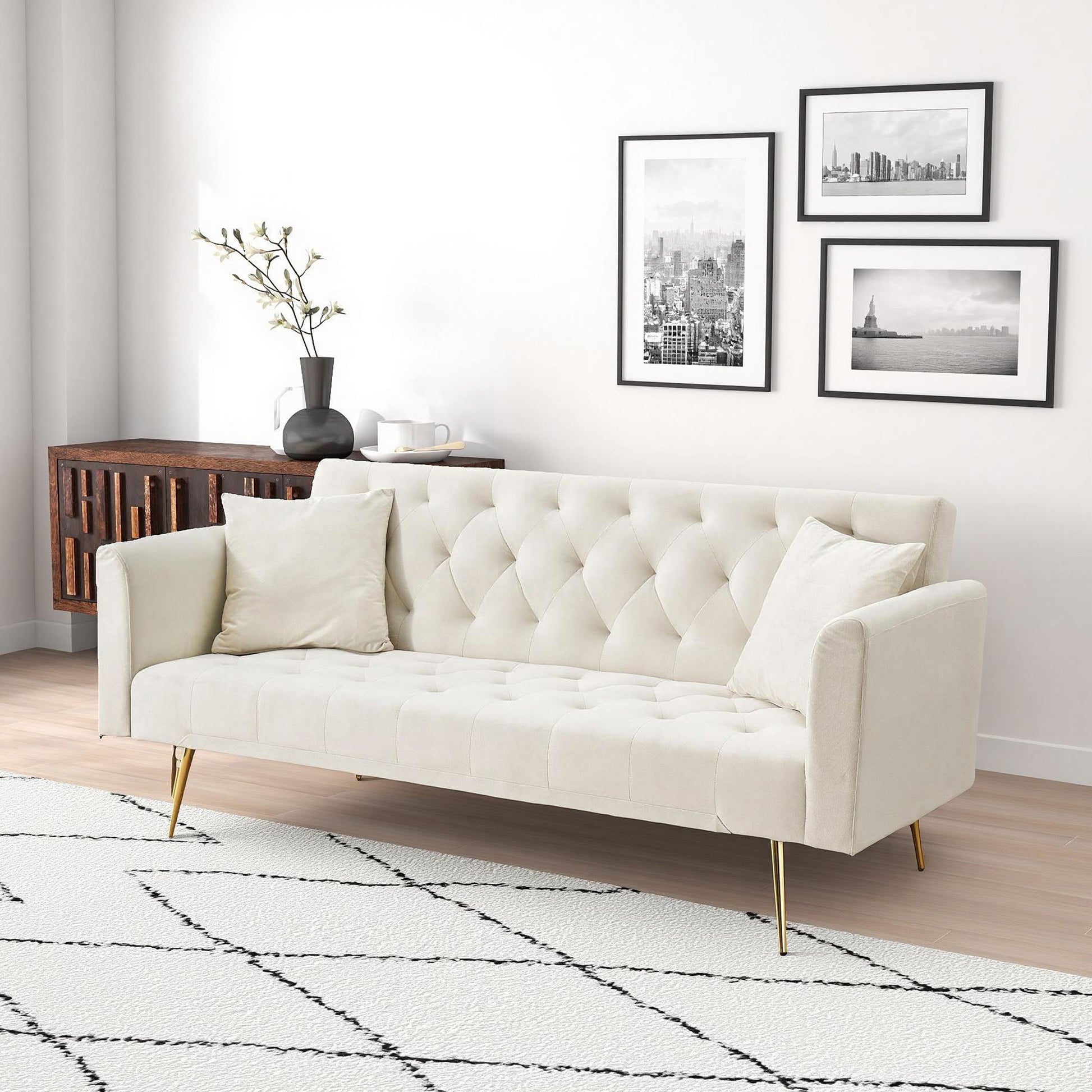 2 Seat Beige Velvet Sofa Bed - 71 Inch Convertible Sofa for Living Room