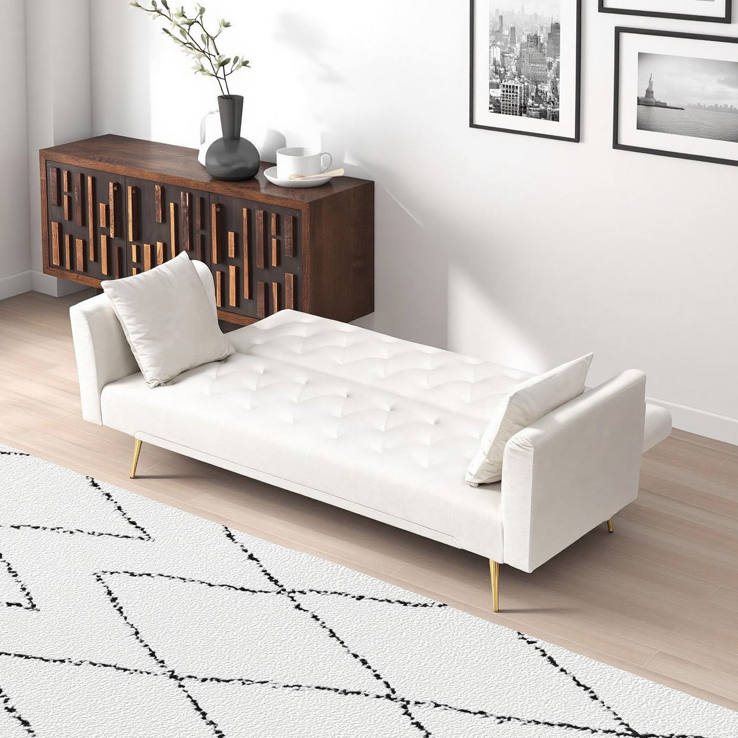 2 Seat Beige Velvet Sofa Bed - 71 Inch Convertible Sofa for Living Room