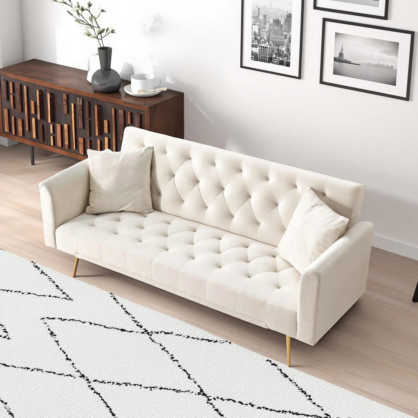 2 Seat Beige Velvet Sofa Bed - 71 Inch Convertible Sofa for Living Room