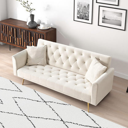 2 Seat Beige Velvet Sofa Bed - 71 Inch Convertible Sofa for Living Room