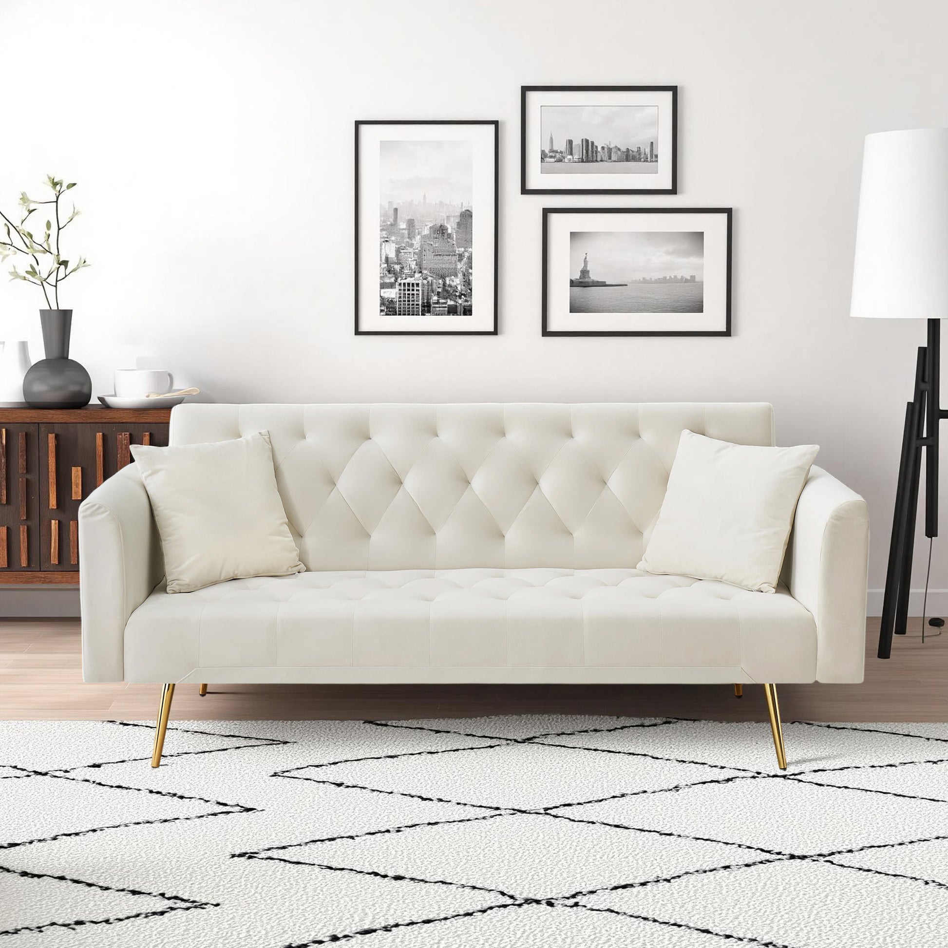 71 inch convertible love seat sofa, American retro beige velvet, suitable for small living room, bedroom, office