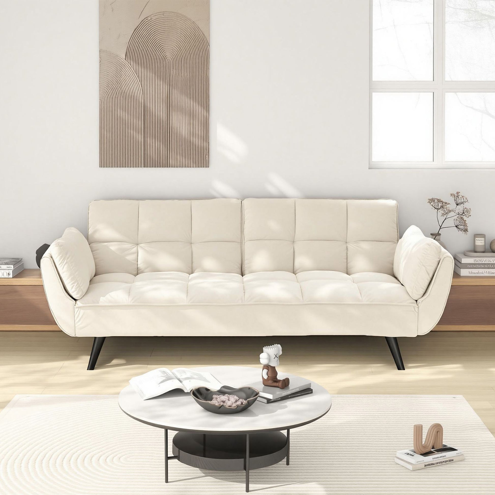 74 inch beige sofa soft two armrests throw pillow pillow comfortable fit apartment bedroom small space
