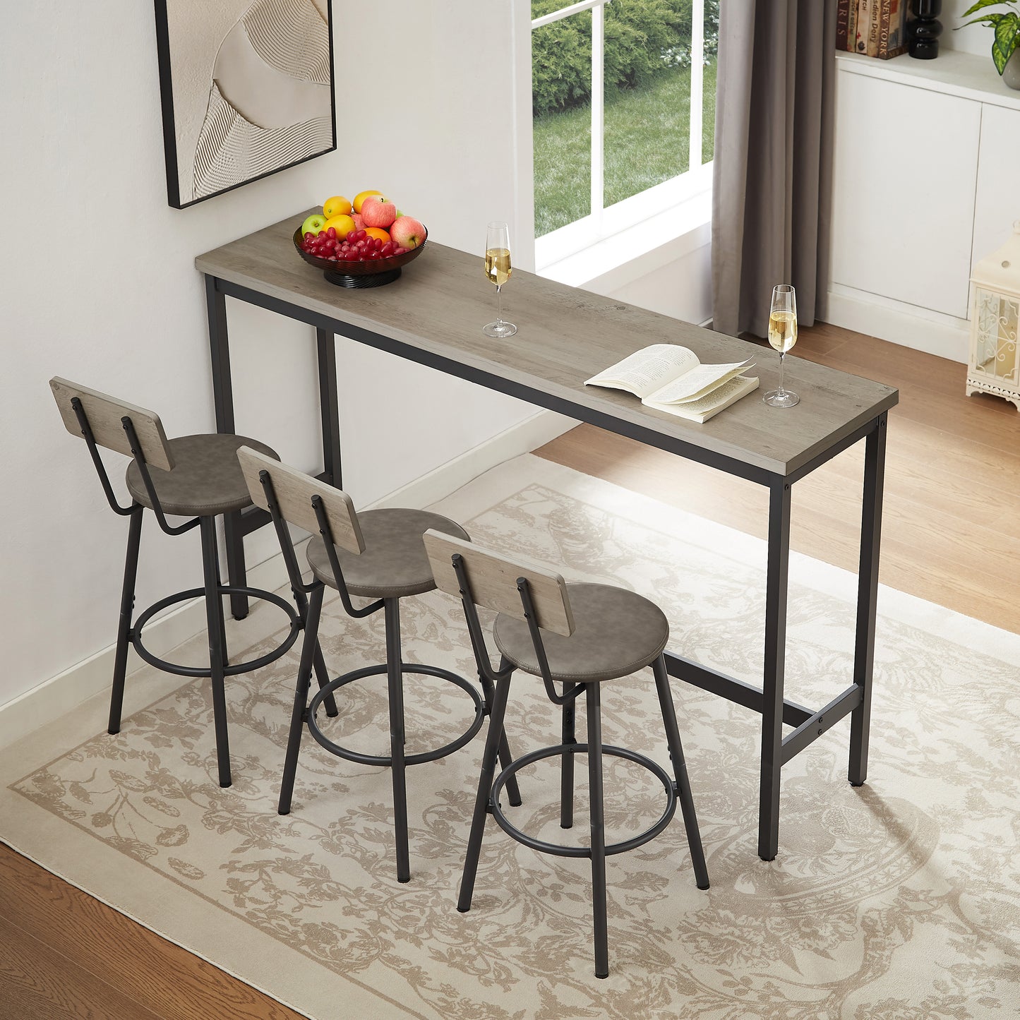Industrial Gray Bar Table Set with 3 PU Stools for Kitchen Dining