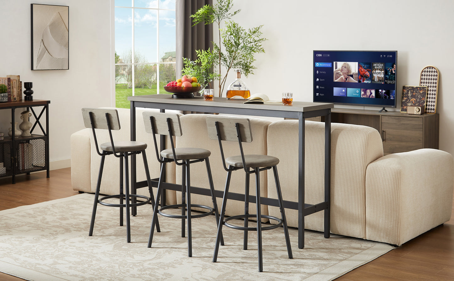 Industrial Gray Bar Table Set with 3 PU Stools for Kitchen Dining