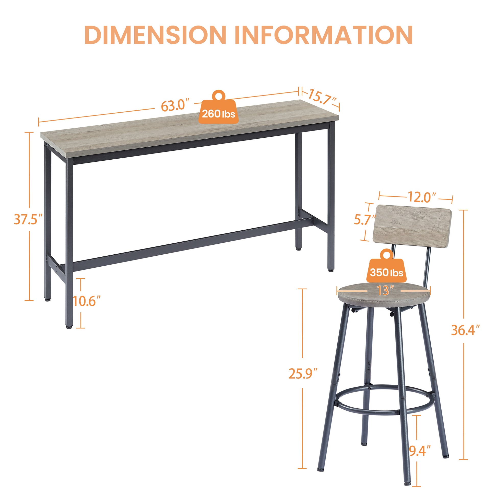 Industrial Gray Bar Table Set with 3 PU Stools for Kitchen Dining