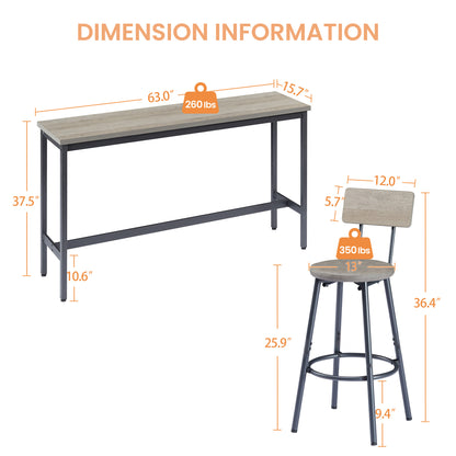 Industrial Gray Bar Table Set with 3 PU Stools for Kitchen Dining