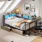 Corner Bed Frame Twin Size with Bookcase and 2 Underbed Storage Drawers, Modern Twin Bed with LED Light and Charging Station, Grey