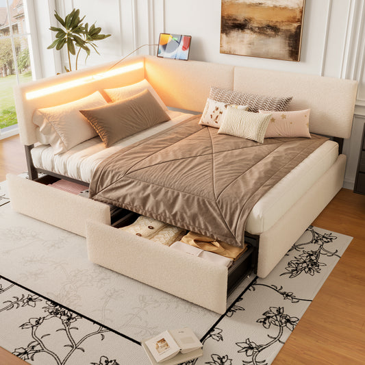 Twin Size Boucle Bed Frame, Upholstered Cloud Bed Frame with Headboard, with 2 Storage Drawers, LED light and USB Charging Design, Solid Wood Legs and Slats, No Box Spring Needed, Beige