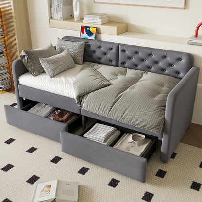Twin Size Upholstered Daybed with 2 Storage Drawers and USB Charging Design, Velvet Upholstered Daybed Frame, Twin Sofa Bed for Living Room Bedroom, No Box Spring Needed,Plush Velvet Fabric