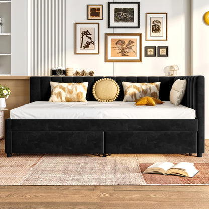 Full Size Daybed with Storage Drawers Upholstered Corner Bed with L Shaped Headboard Velvet Daybed Frame for Living Room Guest Room
