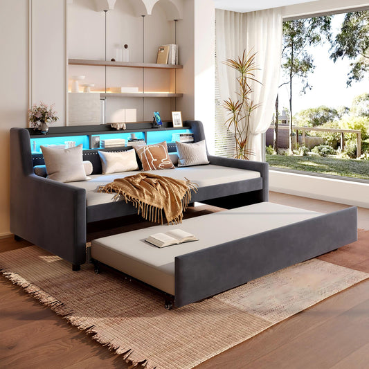 Twin Size Daybed with Trundle, Upholstery Daybed with LED Light ＆ Charging Station, Velvet Day Bed with Wood and Metal Frame