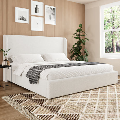 King Size Boucle Bed Frame, Upholstered Cloud Bed Frame with Headboard, Metal Legs and Slats, No Box Spring Needed, WhiteKing