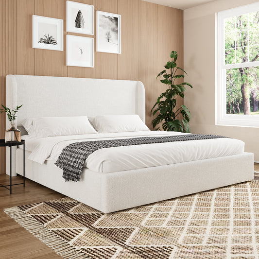 King Size Boucle Bed Frame, Upholstered Cloud Bed Frame with Headboard, Metal Legs and Slats, No Box Spring Needed, WhiteKing