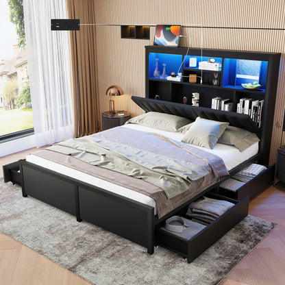 Queen Bed Frame with High Storage Headboard,  Bed Frame with  LED light and Charging Station , 4 Storage Drawers , No Box Spring Needed/Noise Free/All-Metal Support, Black